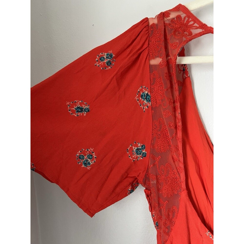 Free People Mockingbird Dress 6 Backless Mini Orange Red Lace Flirty Floral Boho - Picture 6 of 16